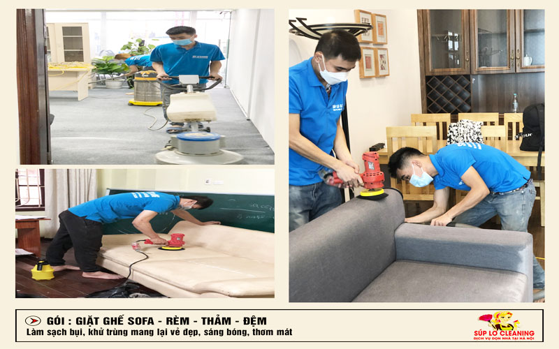 Nhân viên Súp Lơ đang giặt thảm, đệm, ghế tại nhà quý khách hàng