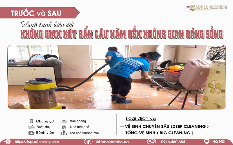 Vệ sinh công nghiệp của Súp Lơ bao gồm: đu dây lau kính nhà cao tầng, vệ sinh nhà sau xây dựng...