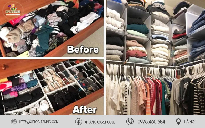 Dịch vụ  Súp Lơ Cleaning sắp xếp tủ trước và sau dọn dẹp quần áo nhanh gọn
