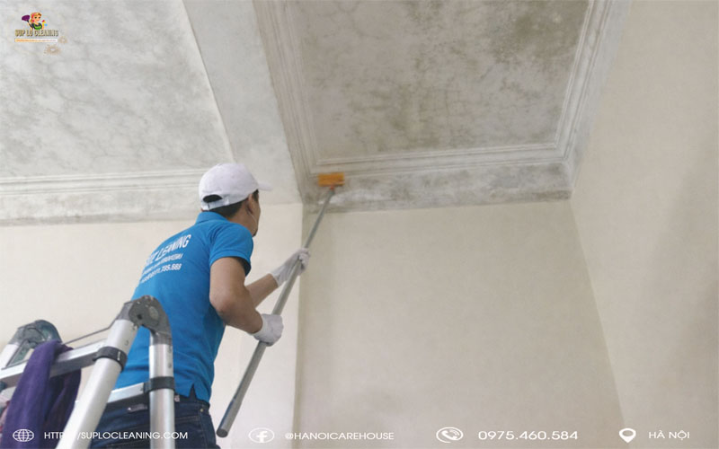 Nhân viên Súp Lơ Cleaning tẩy mốc tường tại Ngọc Hà đang xử lý nấm mốc