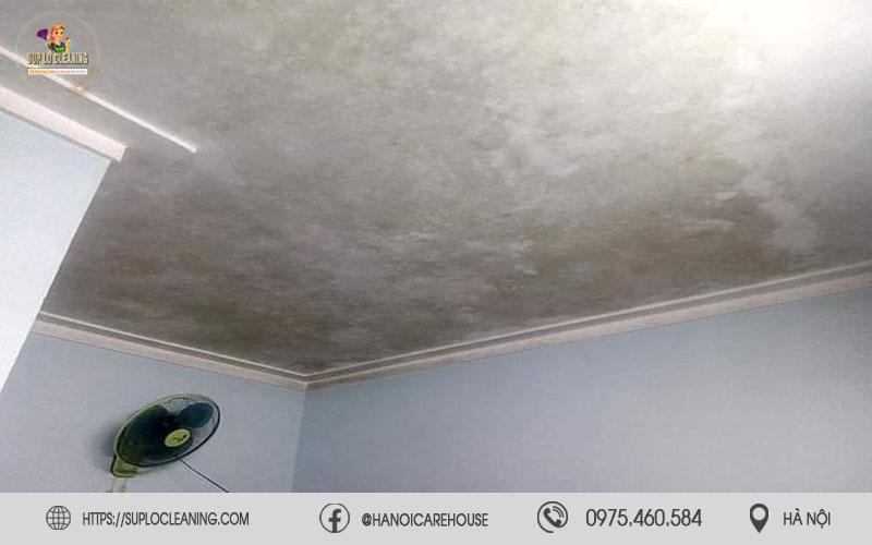 Mảng mốc đen lan rộng trên tường nhà phố tại khu vực Hai Bà Trưng