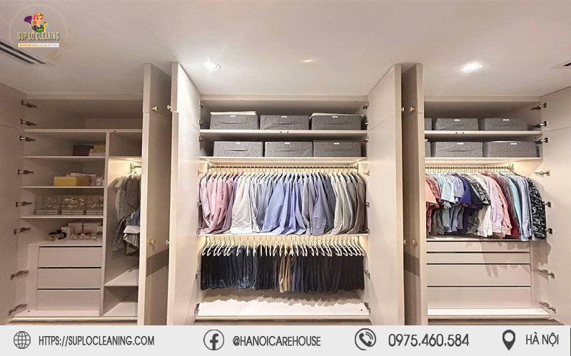 Tủ quần áo được nhân viên Súp Lơ Cleaning sắp xếp ngăn nắp, chuẩn showroom tại nhà