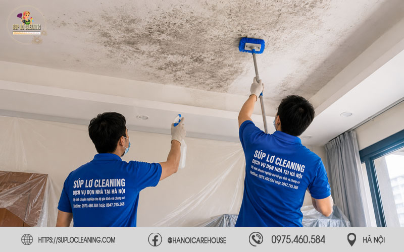 Nhân viên xử lý tường ẩm mốc bằng máy chuyên dụng