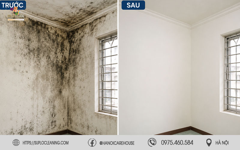 Hình ảnh trước và sau khi tẩy mốc tường tại một căn nhà ở Yên Sở