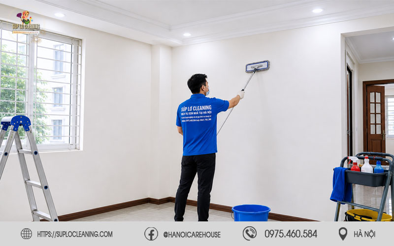 Tường nhà bị mốc được vệ sinh sạch bằng hóa chất chuyên dụng