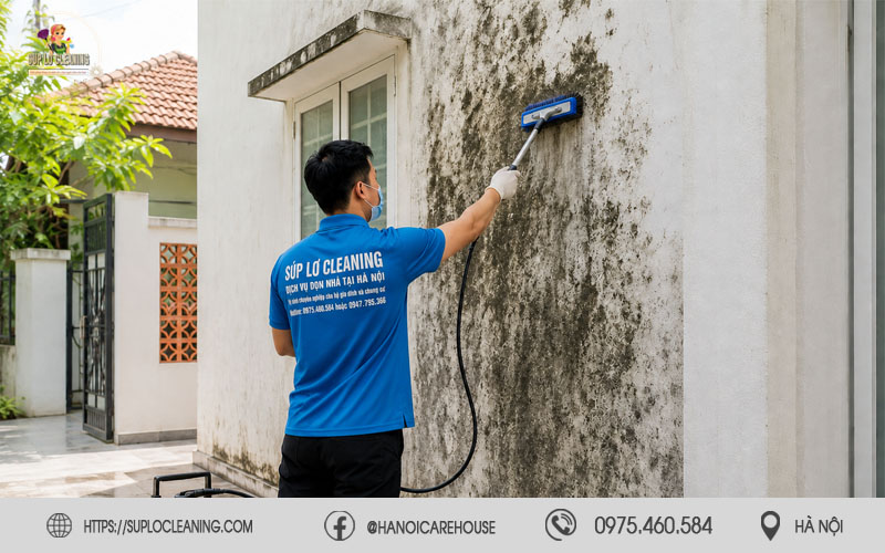 Thi công xử lý mốc tường ngoại thất an toàn, sạch sẽ
