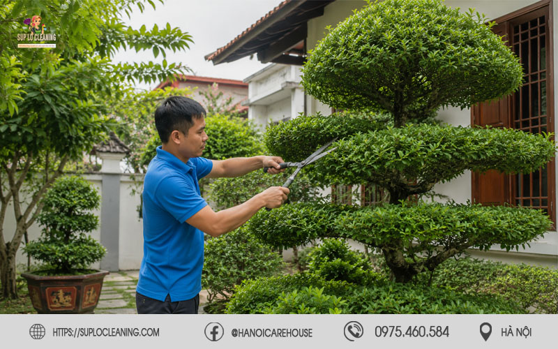 Cắt tỉa cây xanh trong sân vườn nhà ở tại phường Láng