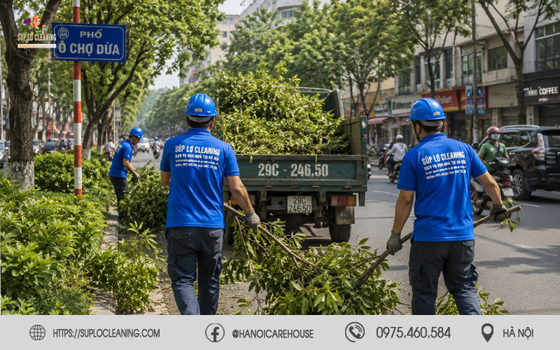 Thu gom cành lá sau khi cắt tỉa cây xanh tại phường Ô Chợ Dừa