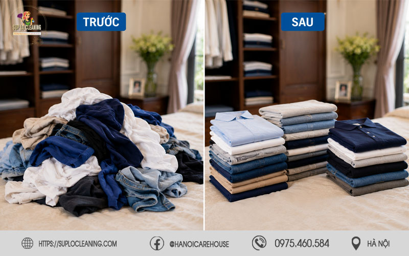 Trước và sau khi sử dụng dịch vụ gấp quần áo tại Đống Đa