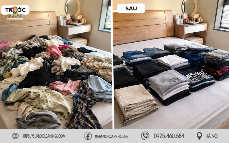 So sánh tình trạng quần áo trước và sau khi được nhân viên Súp Lơ Cleaning sắp xếp 