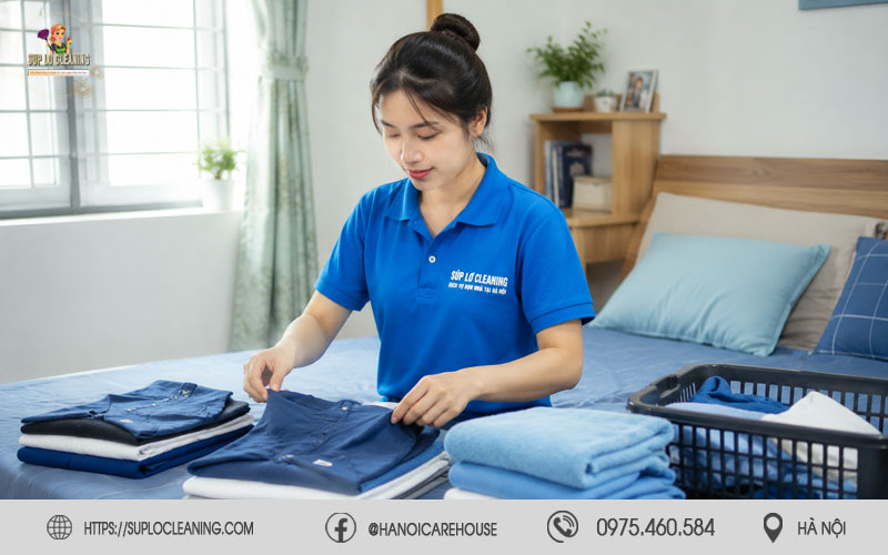 Nhân viên Súp Lơ Cleaning đang gấp quần áo tại nhà khách hàng ở phường Tây Hồ
