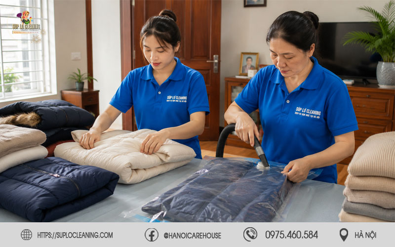 Nhân viên gấp quần áo gọn gàng trước khi đóng túi hút chân không
