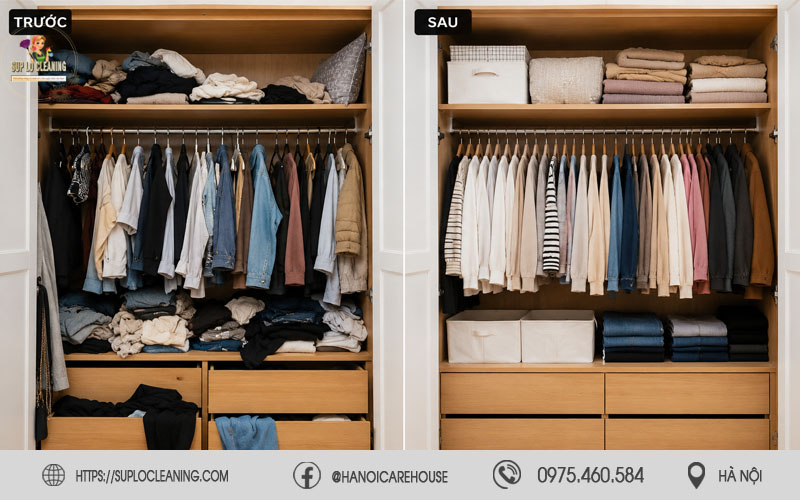 Tủ đồ thay đổi rõ rệt sau khi sử dụng dịch vụ gấp quần áo Súp Lơ Cleaning