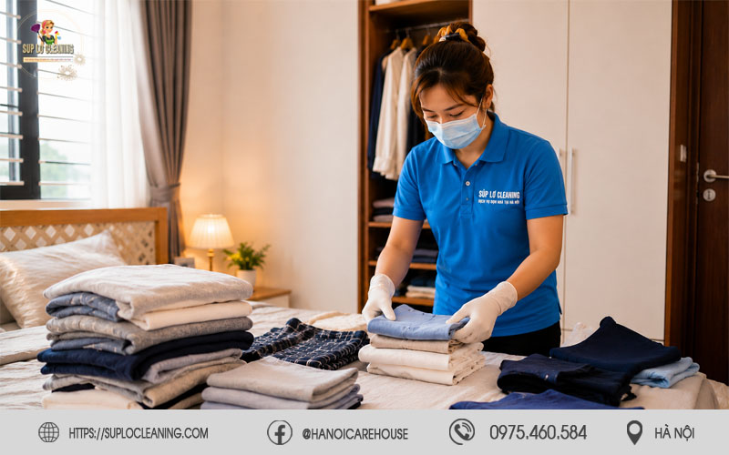 Nhân viên Súp Lơ Cleaning đang gấp quần áo tại phường Yên Hòa