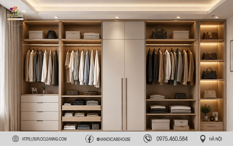 Sắp xếp quần áo trong phòng ngủ gọn gàng và thẩm mỹ