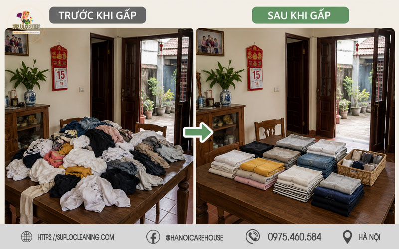 Hình ảnh trước và sau khi sử dụng dịch vụ gấp quần áo tại Yên hòa
