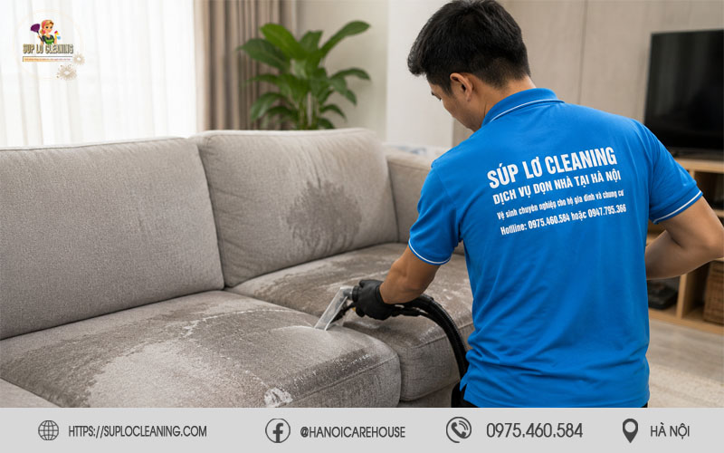 Nhân viên Sa Lát đang giặt ghế sofa tại Gia Lâm bằng máy phun hút chuyên dụng
