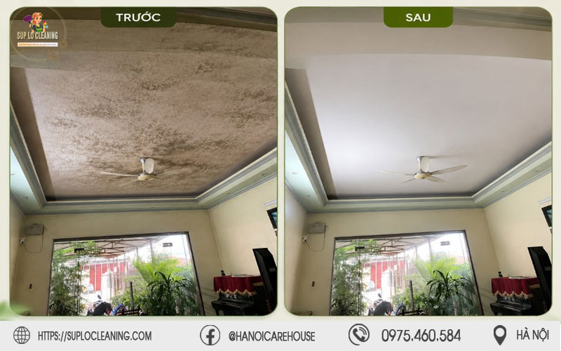 Hình ảnh trước và sau khi tẩy mốc tường triệt để tại một phòng khách ở Hoàng Liệt