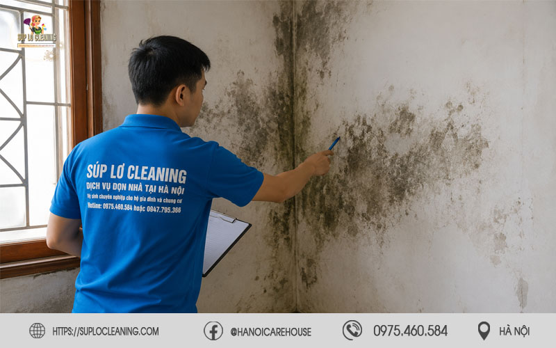 Nhân viên đang khảo sát tường nhà bị mốc tại một căn nhà tại phường Hồng Hà