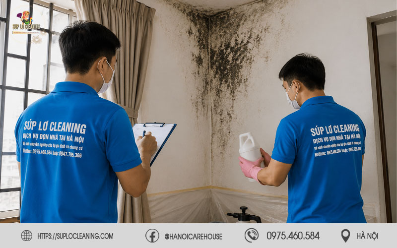 Khảo sát hiện trạng tường ẩm mốc trước khi thi công tại Lĩnh Nam