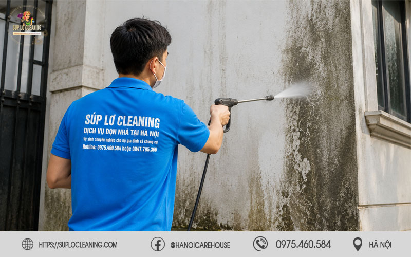 Vệ sinh tường mốc đen trong căn hộ tại phường Lĩnh Nam