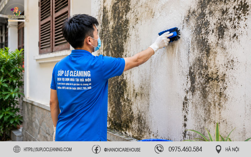 Kỹ thuật viên Súp Lơ Cleaning xử lý nấm mốc trên tường nhà chuyên nghiệp