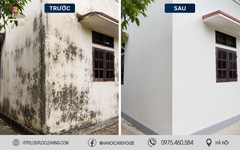 So sánh tường nhà trước và sau khi tẩy mốc tường tại phường Ô Chợ Dừa