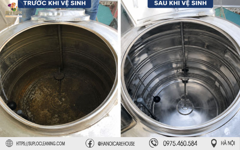 Hình ảnh so sánh bồn nước inox của khách hàng trước và sau khi thực hiện vệ sinh chuyên nghiệp