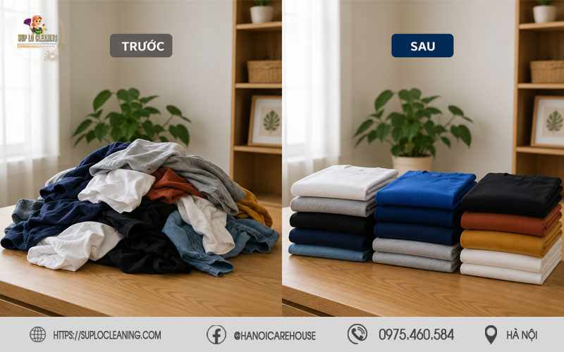 So sánh áo thun trước và sau khi gấp đúng cách
