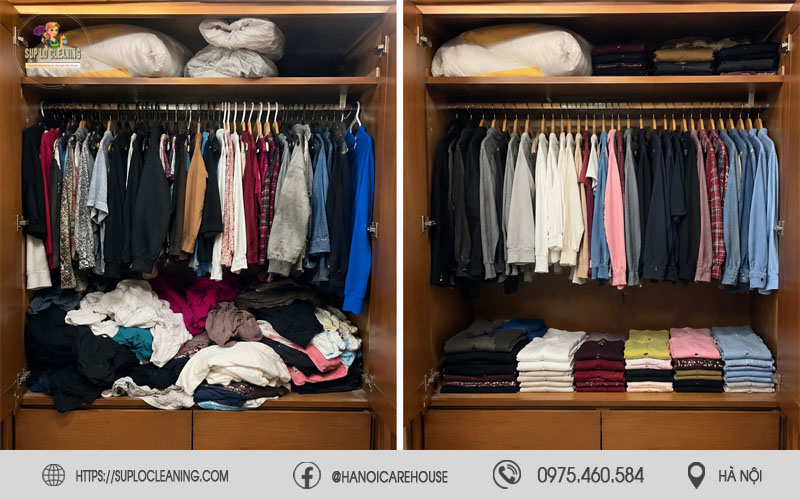 Tủ đồ trước và sau khi được Súp Lơ Cleaning sắp xếp
