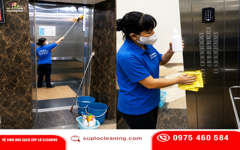 Nhân viên Súp Lơ Cleaning làm sạch thang máy định kỳ tại tòa nhà văn phòng