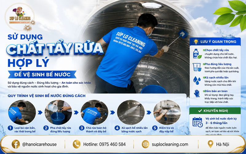 Sử dụng chất tẩy rửa hợp lý cũng là một cách phổ biến để vệ sinh bể nước