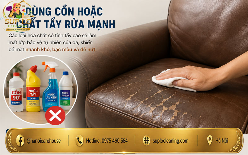 Dùng cồn hoặc chất tẩy rửa mạnh làm sofa bạc màu và dễ nứt