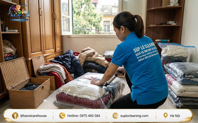 Hút chân không quần áo mùa đông để tiết kiệm không gian tủ