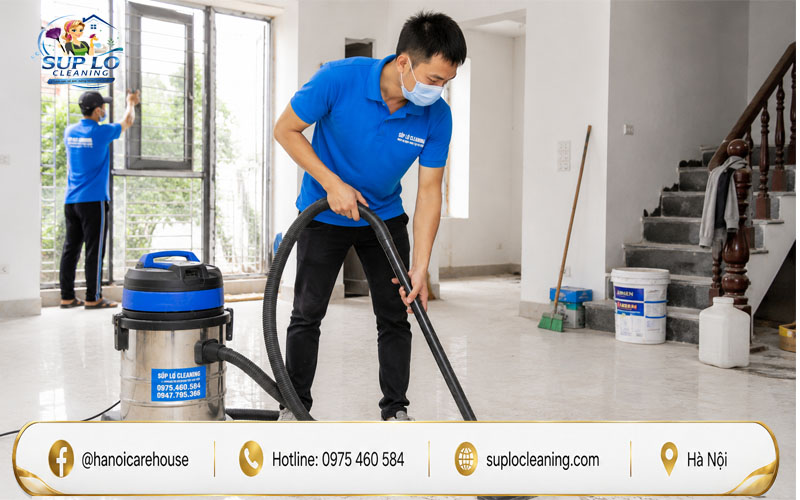 Nhân viên dọn dẹp công trình sau sửa chữa