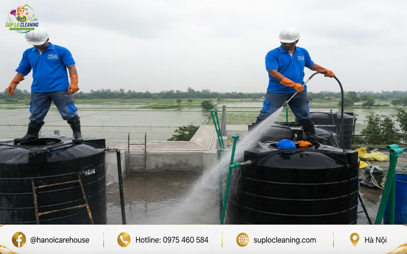 Thi công vệ sinh bể nước nhà xưởng trên cao, xịt rửa sạch cặn bẩn bồn chứa