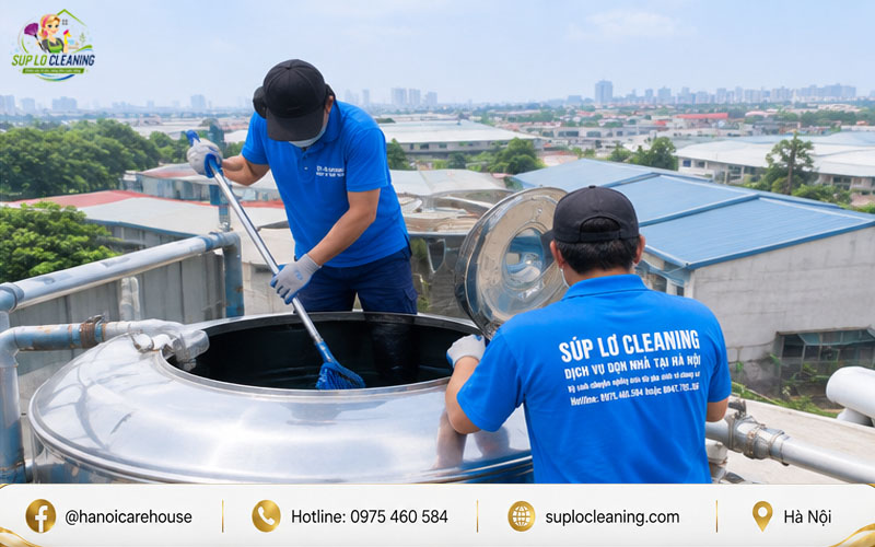 Kỹ thuật viên Súp Lơ Cleaning tỉ mỉ cọ rửa bồn inox sạch bong cho nhà máy