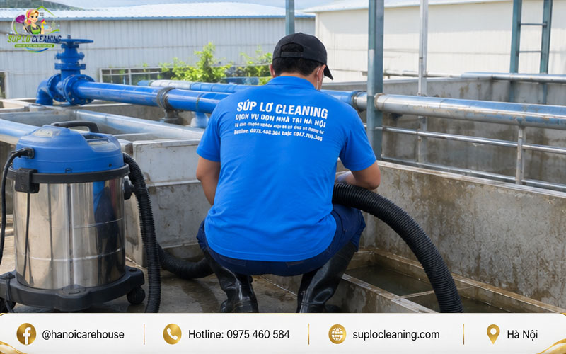 Kỹ thuật viên Súp Lơ Cleaning sẵn sàng hút sạch bùn đáy bể nước các khu công nghiệp tại Hà Nội