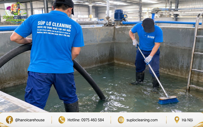 Đội thợ chuyên nghiệp thi công vệ sinh bể nước nhà xưởng, hút cặn và làm sạch triệt để