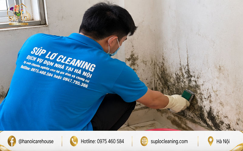 Đội thợ có mặt nhanh chóng khắp các quận Hà Nội để làm sạch mảng tường ố đen